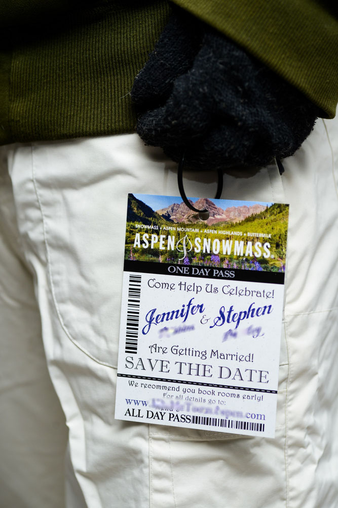 Lift Ticket Save The Date Front Ski Pass Hanging On Jacket